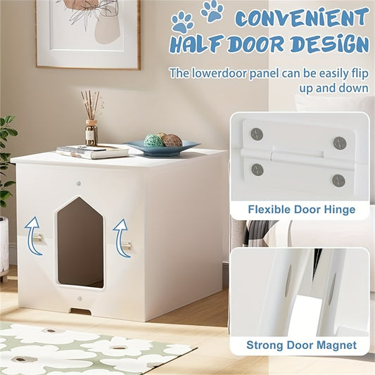 Litter Box Cabinet with Half-Door | White | Hidden Cat Furniture for Privacy | Magnetic Latch | Wooden Indoor Cat House Side Table