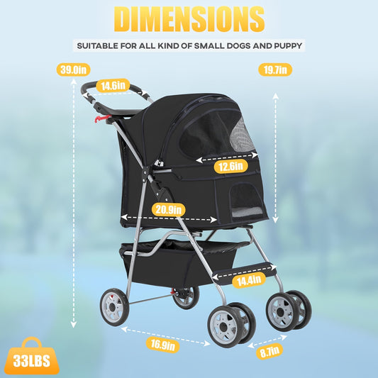 Portable Pet Stroller with Storage Basket and Cup Holder - Suitable for Dogs and Cats - Breathable and Durable - Ideal for Outdoor Use